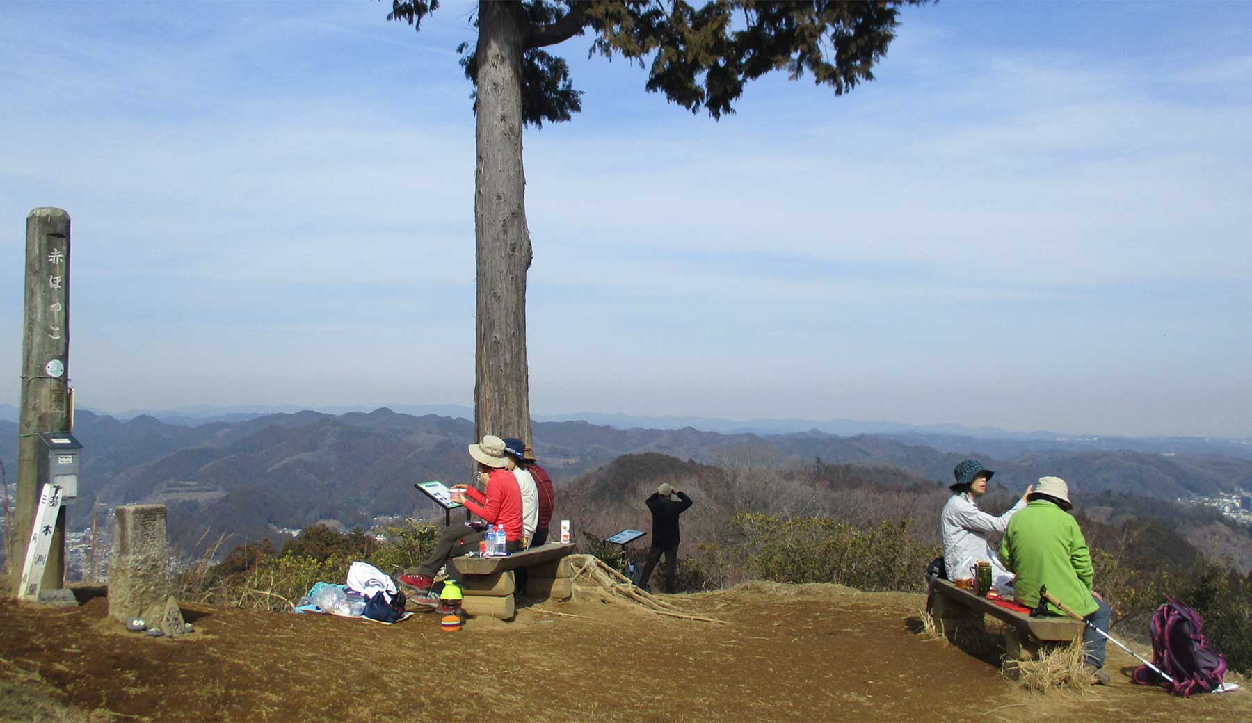 青梅市の長淵山ハイキングコースにある「赤ぼっこ」の写真。コース内で最も高い場所にあり、大きくひらけた視界から青梅市内や周囲の山々を見渡すことができる。ベンチがあり、登山者が休憩に使っている。