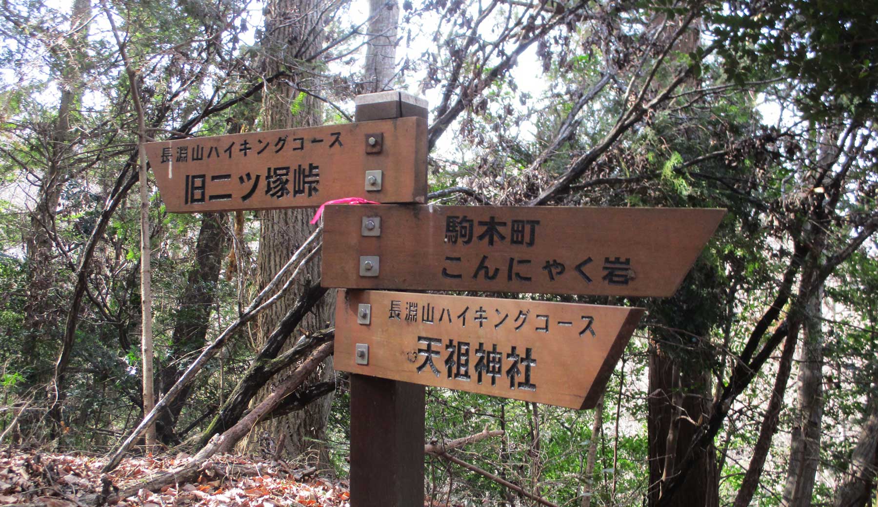 青梅市の長淵山ハイキングコースにある道標の写真。常に見やすく整備されている。