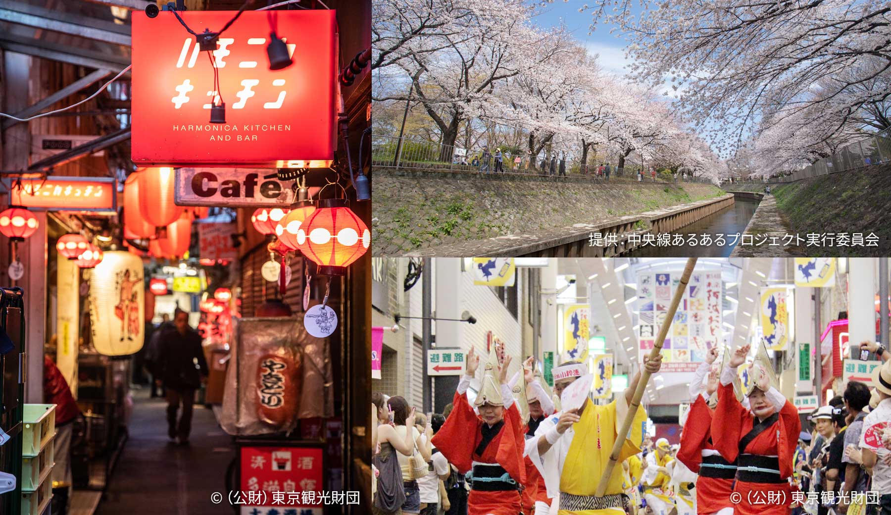 街歩きならおまかせ！ 中央線沿線観光パンフレット（吉祥寺・西荻窪・荻窪・阿佐ヶ谷・高円寺）アイキャッチ画像。吉祥寺のハモニカ横丁の夜の風景、桜が満開の杉並区の善福寺川沿いを歩く人々、高円寺の阿波踊りでアーケード街を踊りながら練り歩く人々の写真
