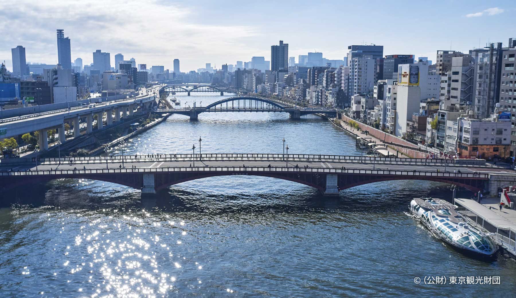 隅田川の写真。手前から奥に向かって流れる隅田川には、大きな橋がいくつもかかっている。手前には水上バスがとまっている。