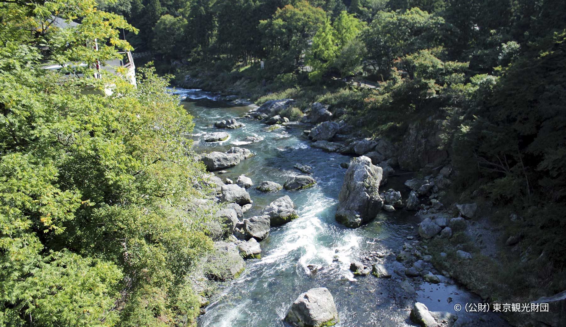 御岳渓谷の写真。山の間にゴツゴツとした岩が点在する川が流れている。