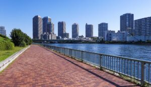 隅田川テラスの一部、中央区立明石町河岸公園の写真。隅田川に沿ってタイルで整備された広い遊歩道が作られている。