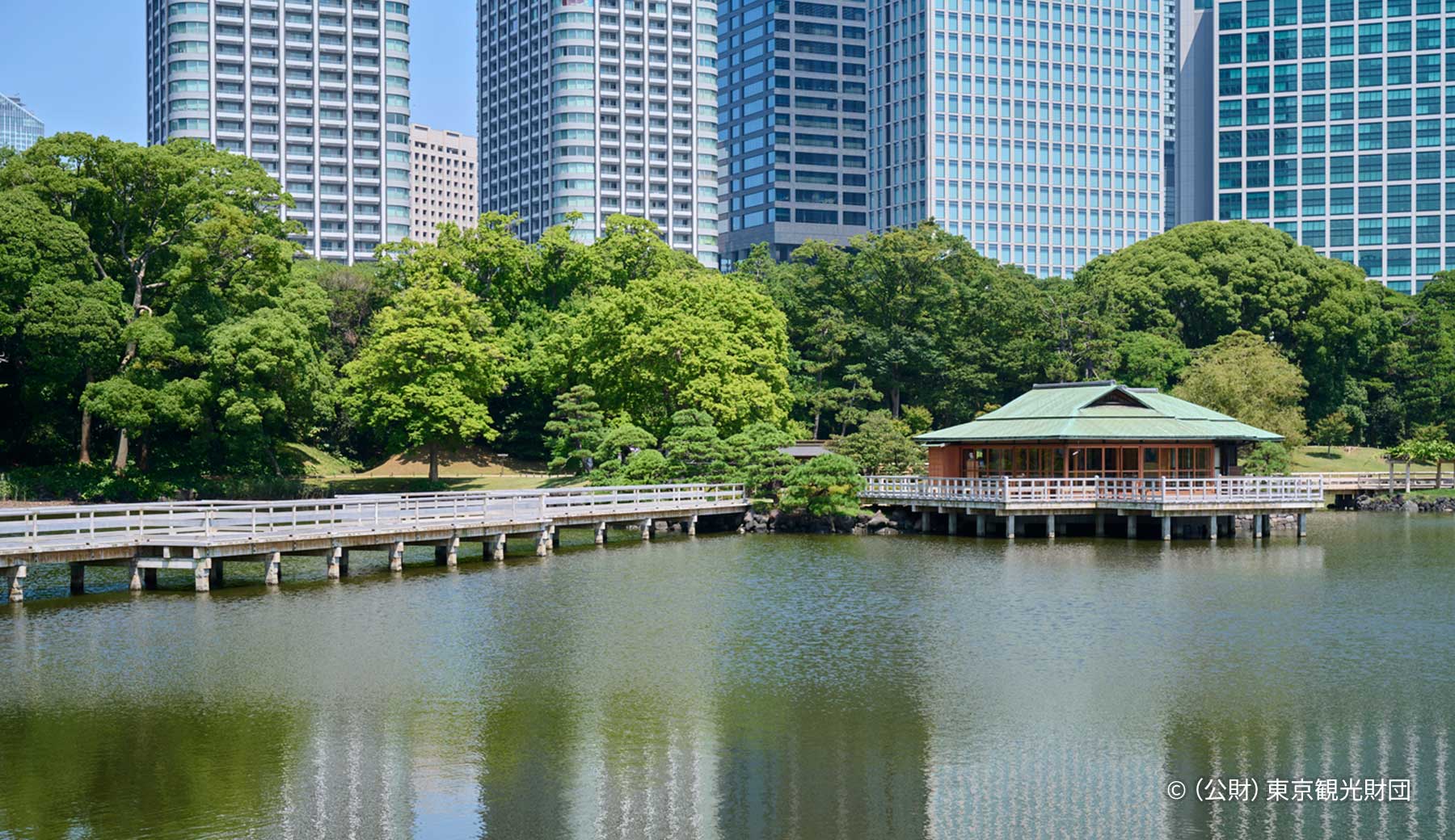 東京都の浜離宮恩賜庭園の写真。都会的なビル群を背景に、木立に囲まれた大きな池がある。池の中には中島の御茶屋と呼ばれる和風の建物があり、建物へと続く橋がかかっている。