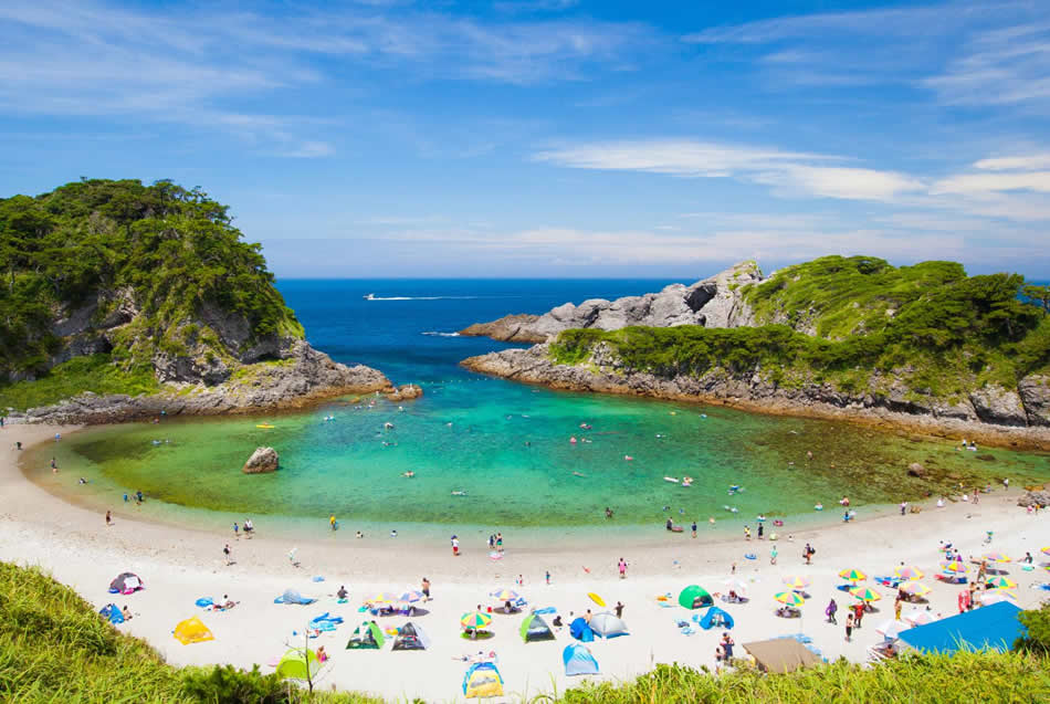 Beaches along the shoreline of Shikinejima Island