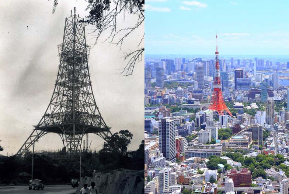 Tokyo Tower under construction and present-day view