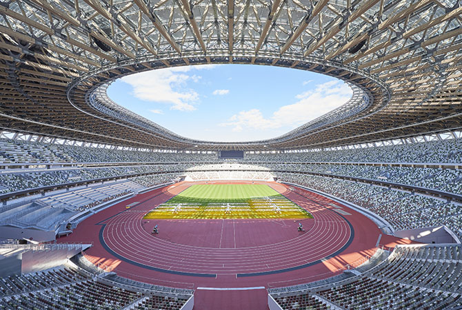 ภาพพาโนรามาด้านในของสนามแข่งขันกีฬาใหม่แห่งชาติ